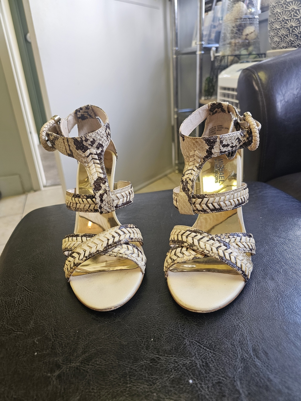 Michael Kors Braided Snake-Print Block Heel Sandals - Beige